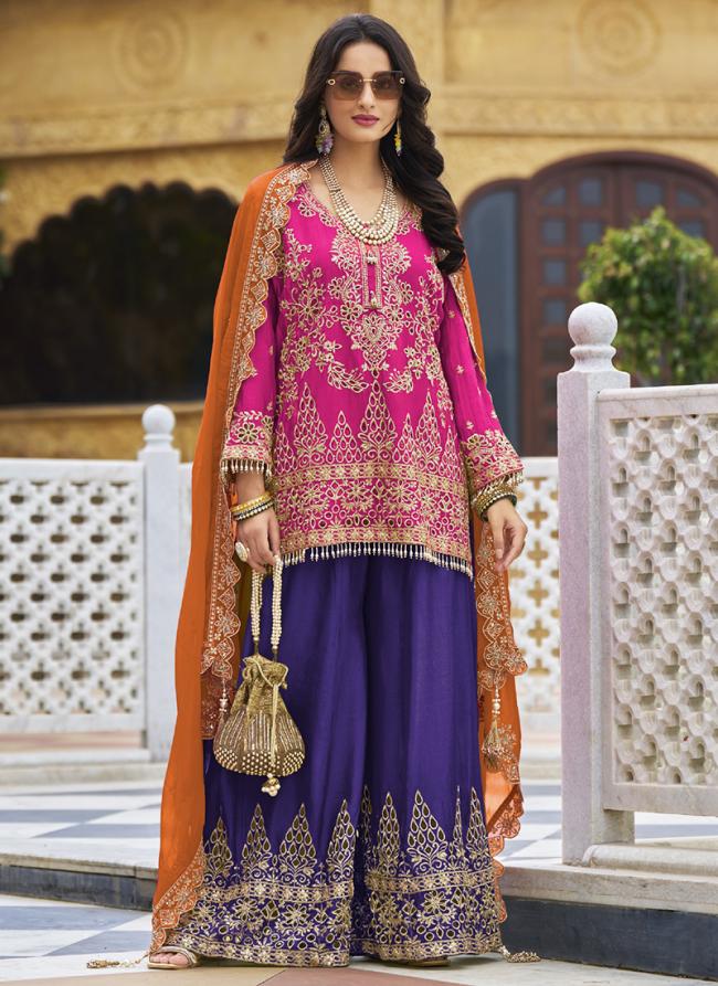 Heavy Chinnon Pink Wedding Wear Embroidery Work Readymade Plazzo Suit